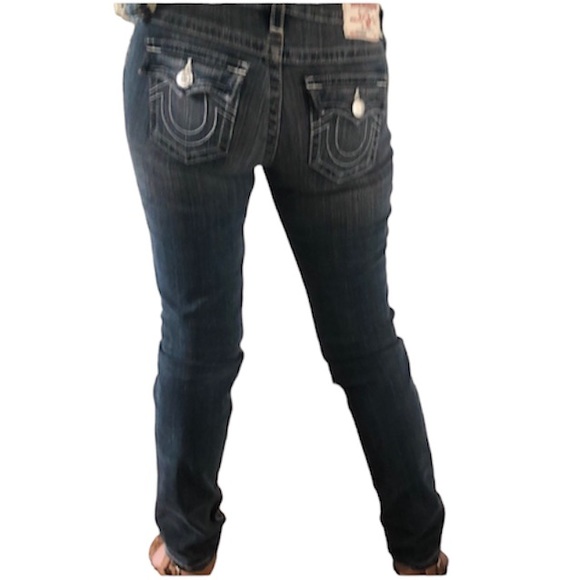 🌞 True Religion Skinny Jeans Blue multicolor thread straight leg girl size 14 - Picture 1 of 16